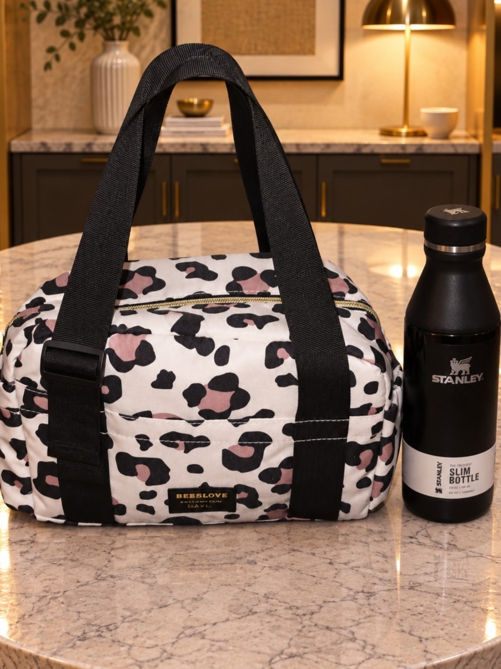 Brand New - Pink & Black Leopard Lunch Tote w Black Stanley 20 Oz Water Bottle